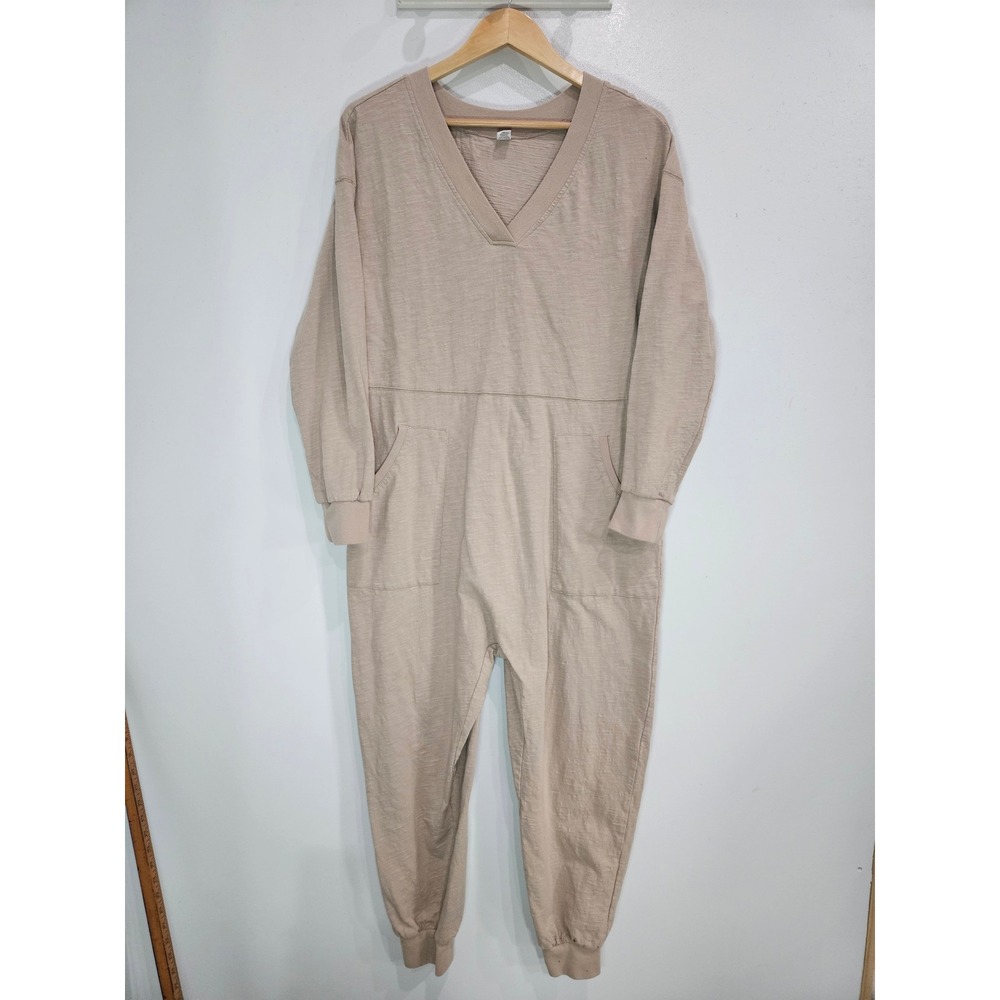 Caracilia Womens Tan Slub Knit V-Neck Long Sleeve Pocket Jumpsuit Large